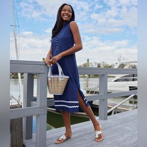 STS Sail to Sable Navy Linen Shift Dress Sleeveless Ric Rac Trim Summer Small